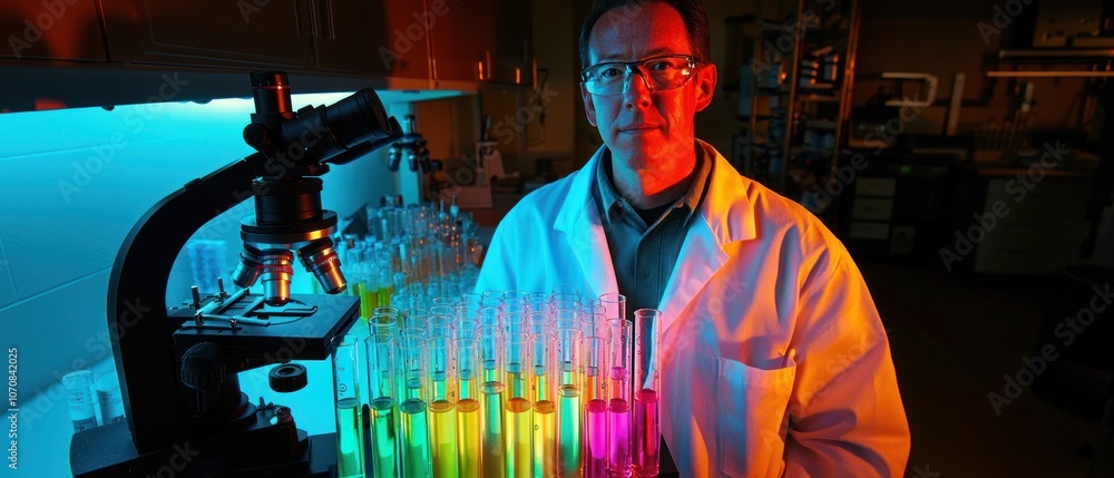 Aufkleber Scientist in Lab with Microscope and Colorful Test Tubes