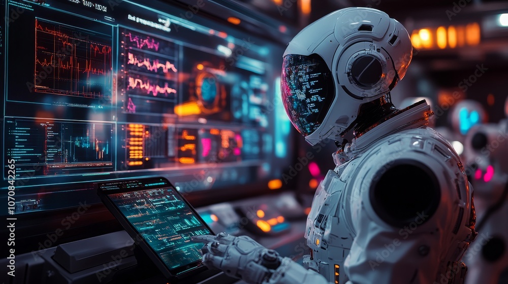 Poster futuristic workspace with ai assistants actively analyzing data in a high-tech environment