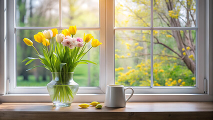 Bouquets of flowers on a sunny spring day on the windowsill on the windows.