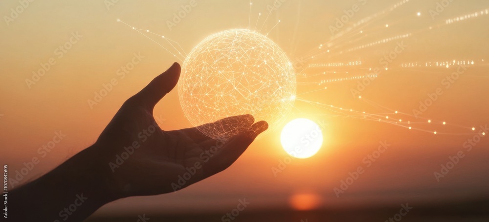 Poster a hand touching a glowing digital sphere, connecting to the sky with light beams and lines of code i
