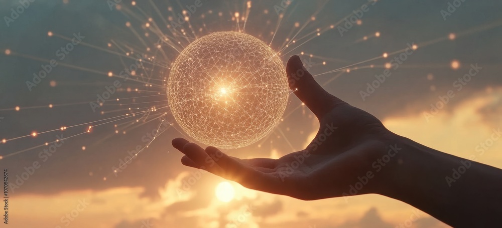 Poster a hand touching a glowing digital sphere, connecting to the sky with light beams and lines of code i