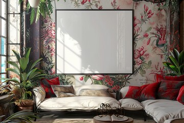 Modern bright interior with empty frame . 3D rendering