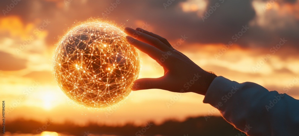 Poster a hand touching an ai-powered sphere with digital connections, set against the backdrop of a sunrise