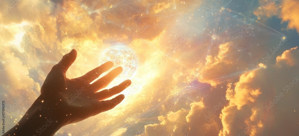 Poster a hand reaching out towards an ai sphere, symbolizing the connection between humans and artificial i