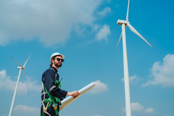 professional technician engineer with safety working on wind turbine industry technology for...