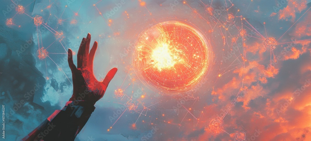 Poster hand reaching towards an AI sphere, surrounded by glowing connections and data streams; a sky background with the sun rising on one side; in the style of digital art, with vibrant colors Generative AI