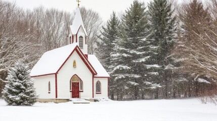 Charming country church nestled among snow-laden trees, roof dusted with snow, evoking a peaceful winter holiday feel, with space for greeting text.