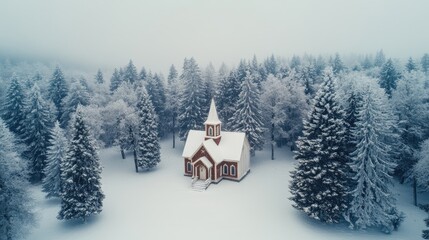 Charming country church nestled among snow-laden trees, roof dusted with snow, evoking a peaceful winter holiday feel, with space for greeting text.