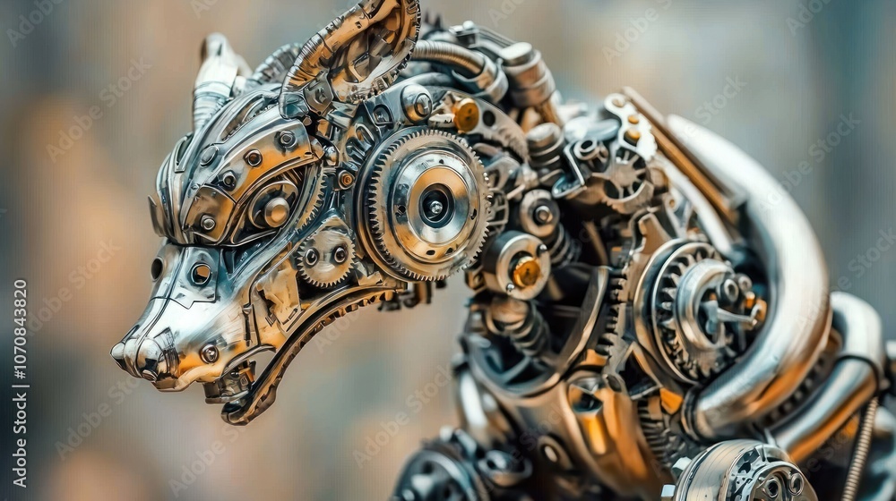 Poster a metallic sculpture of a wolf's head with intricate gears and mechanisms