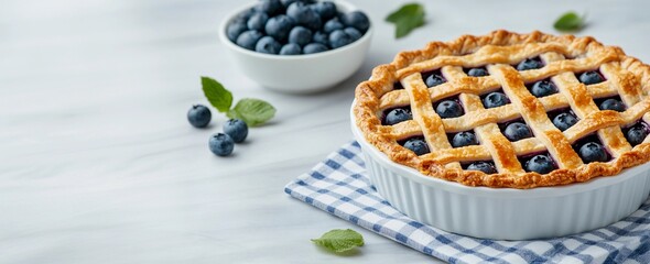 Traditional blueberry pie on white table background. American cuisine, homemade pastry and Thanksgiving concept. Food shot for poster, banner with copy space