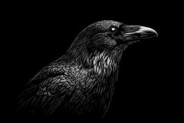 Fototapeta premium A black and white drawing of a crow on a black background