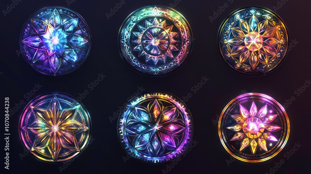 Aufkleber Six colorful, intricately designed circular patterns with a luminous effect on a dark background.