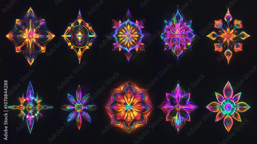 Poster shimmering holographic stickers with intricate designs for product authentication, in a set of gloss