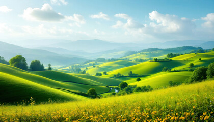 Obraz premium Rolling green hills and valleys, creating a peaceful and serene landscape, with vibrant greenery under a clear sky.
