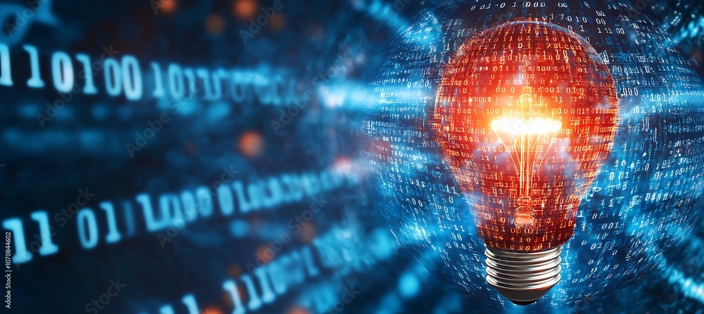 Poster a creative image of a lightbulb surrounded by flowing digital binary code, representing the intersec