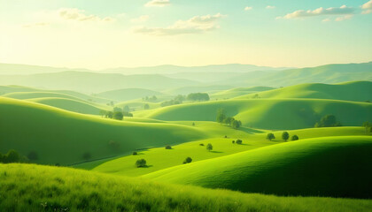 Fototapeta premium Rolling green hills and valleys, creating a peaceful and serene landscape, with vibrant greenery under a clear sky.