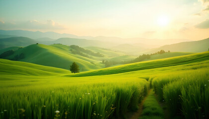 Fototapeta premium Rolling green hills and valleys, creating a peaceful and serene landscape, with vibrant greenery under a clear sky.