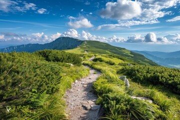 Naklejka premium Pathway ascending to the top of a mountain, offering breathtaking views along the way