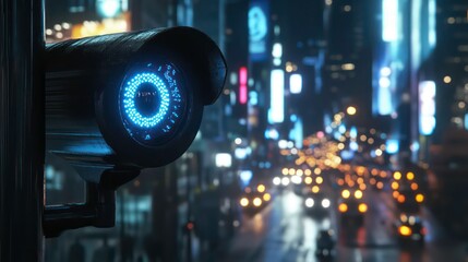 A surveillance camera overlooks a bustling city street at night, illuminated by bright lights.