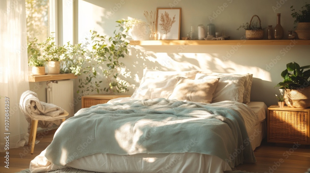 Aufkleber a sunny bedroom features a comfortable bed adorned with soft linens. natural light filters through t