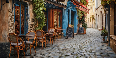 Charming Parisian Cafe: A picturesque view of a quaint Parisian street with charming cafes and cobblestone streets.  It's an idyllic scene that evokes a sense of wanderlust and romance.