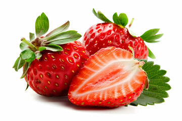 Fresh Strawberry with Leaf Isolated on Crisp White Background. Close-up photography of Strawberries with leaves