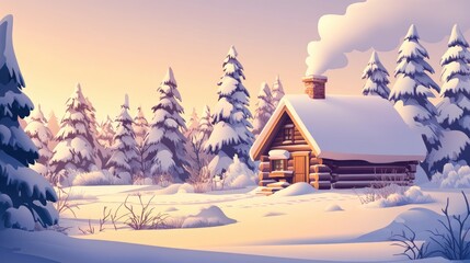 Fototapeta premium Cozy winter scene with a rustic log cabin among snow-covered trees, smoke drifting from the chimney. Perfect for Christmas and New Year cards.