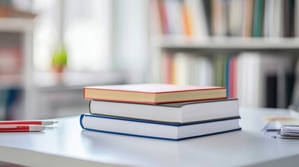 white table with books, stationery and copy space in blurred study room