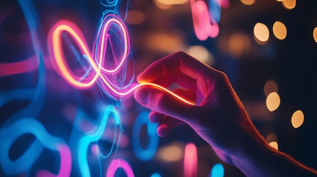 A hand reaches out to manipulate vibrant light trails against a dark backdrop, creating a captivating display of colors during a nighttime artistic event