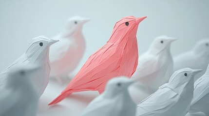 In a creative arrangement, a vibrant pink paper bird captures attention amidst several white paper birds, emphasizing the theme of uniqueness and individuality in art