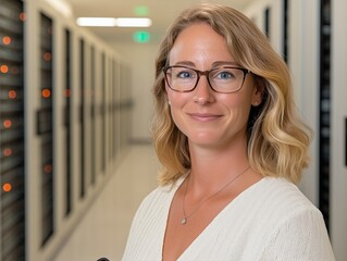 Woman troubleshooting network issues in a server room with tablet and serious expression