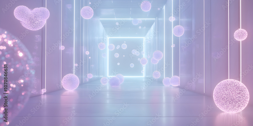 Poster neon dreamscape: a mesmerizing journey through a futuristic corridor bathed in ethereal neon light. 