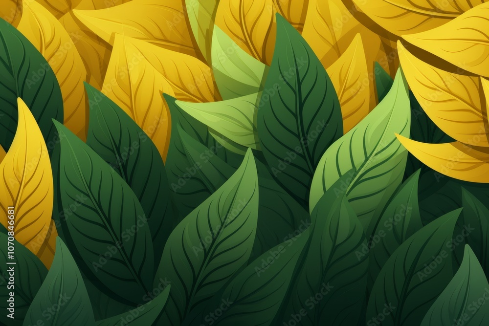 Poster stylized green and yellow leaves with transparency creating depth against a clean background