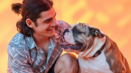 A joyful male with long hair smiles at his affectionate bulldog against a vibrant orange backdrop, capturing a heartwarming moment of connection.