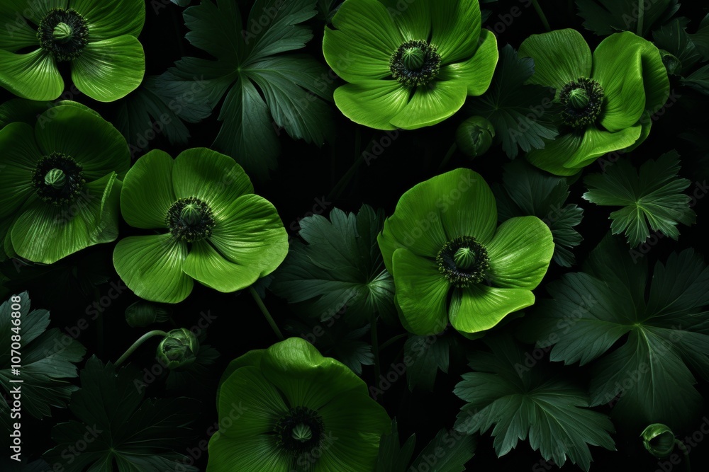 Poster symmetrical composition of simple silhouettes of emerald flowers in elegant patterns