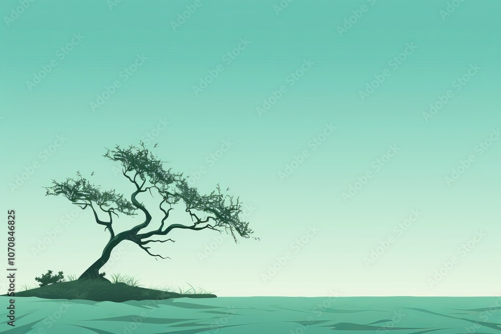 Poster elegant emerald green tree silhouette on a clean background with simple branch and foliage lines