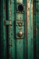 Rusted Green Metal Door with Peeling Paint and a Button