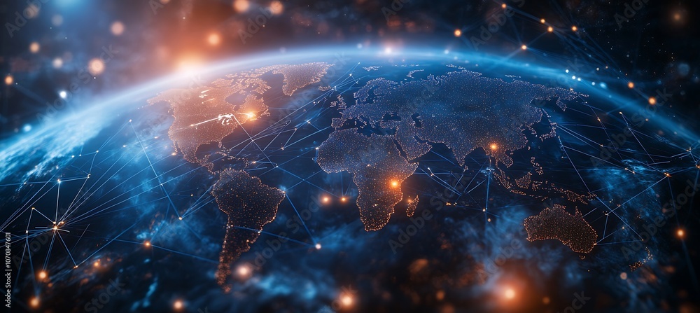 Poster a digital map of the world with interconnected lines representing global business connections