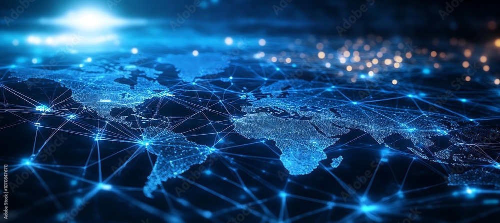 Poster a digital map of the world with interconnected lines representing global business connections