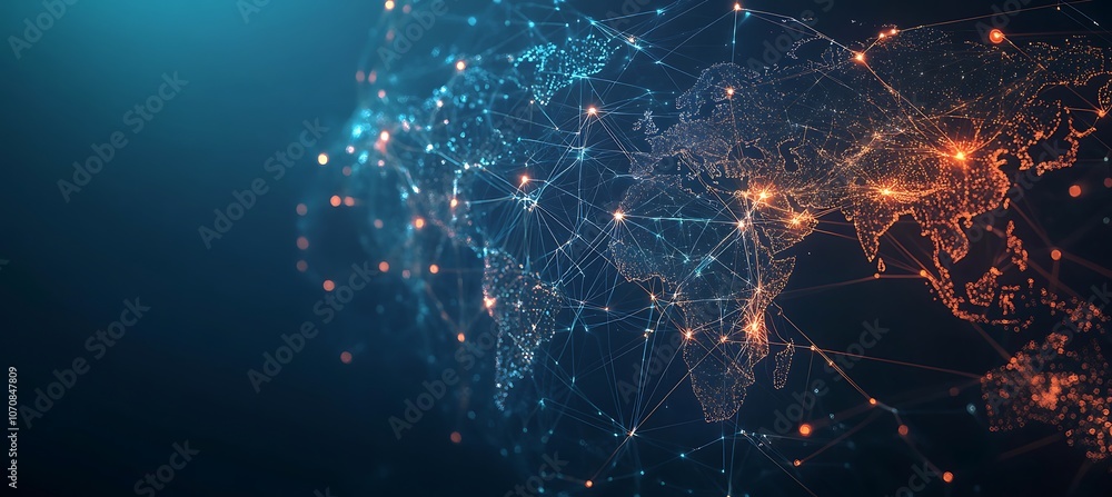 Poster a digital map of the world with interconnected lines representing global business connections