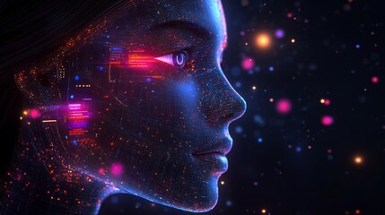 A transparent AI head processes customer interactions in a futuristic digital environment