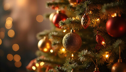 Christmas tree ornaments hanging on a tree, with a soft bokeh effect in the background, creating a magical holiday ambiance.