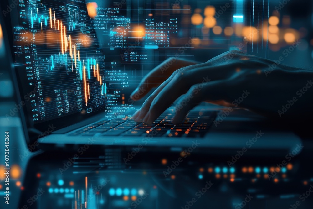 Poster Close-up of Hands Typing on a Laptop with Stock Market Data and Bokeh Lights