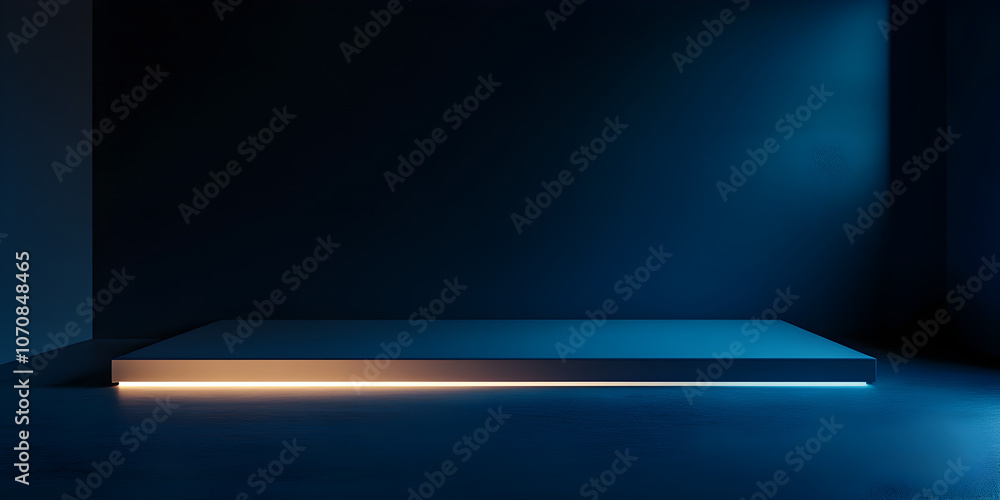 Poster minimalist blue room with glowing platform: a sleek and modern backdrop with a single platform illum