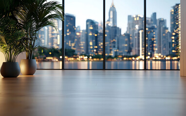Obraz premium modern office interior with large glass windows showcasing city skyline at dusk. Lush green plants add touch of nature to serene environment