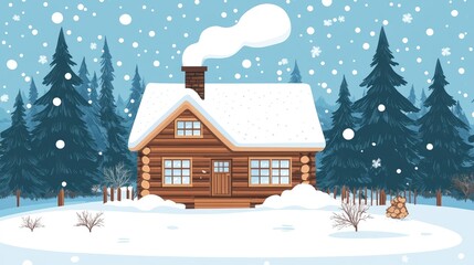 Fototapeta premium Log cabin surrounded by snow-laden trees, gentle smoke curling from the chimney, ideal for winter holiday social media banners.