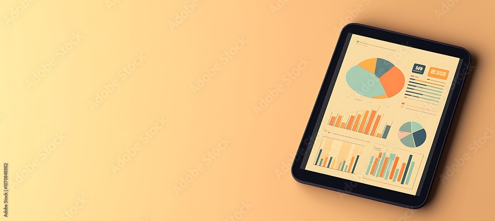 Poster a digital tablet displaying a business dashboard with various charts and graphs, set against a moder