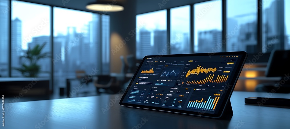 Poster a digital tablet displaying a business dashboard with various charts and graphs, set against a moder
