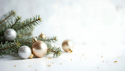 Fototapeta premium A simple and elegant white background featuring a Christmas tree with a few delicate ornaments, creating a minimalist yet festive look. There is a designated space for Christmas wishes.