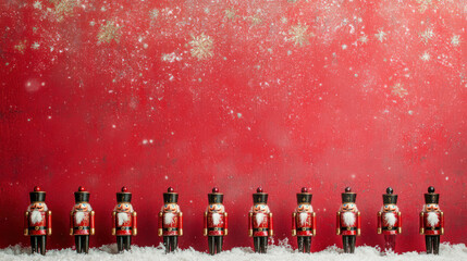 Festive Nutcracker Display on Red Snowy Background